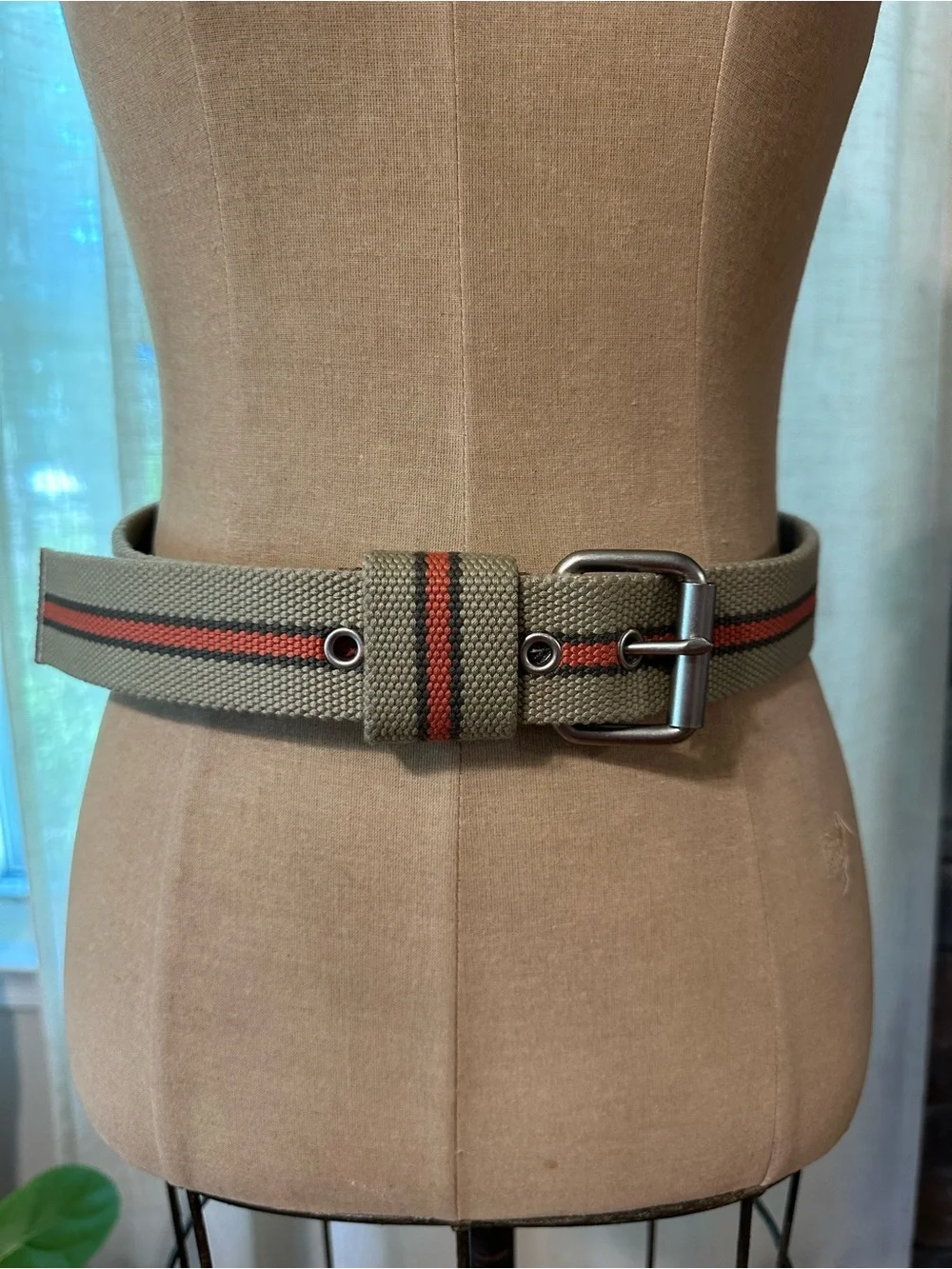 Mexx Olive Canvas Web Belt with Red-Black Stripe